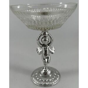 Vintage Silver Cherub Angel Glass Candy Dish Pedestal Bowl 7" Tall